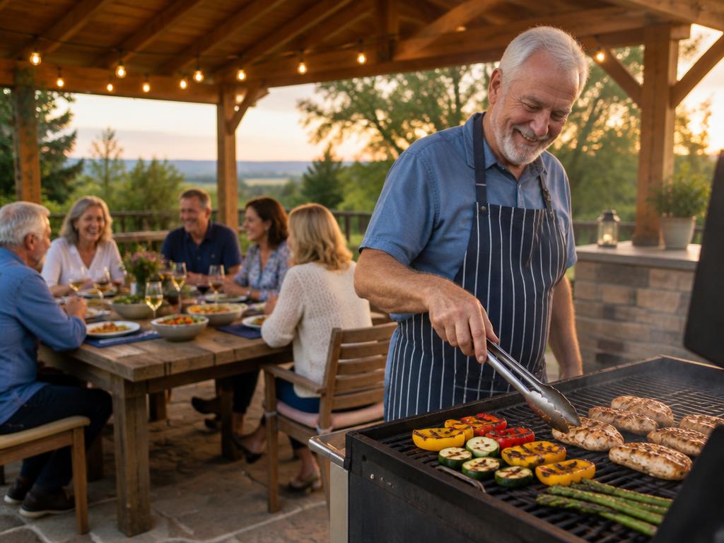 A smiling man grilling vegetables under an outdoor pavilion as friends dine nearby