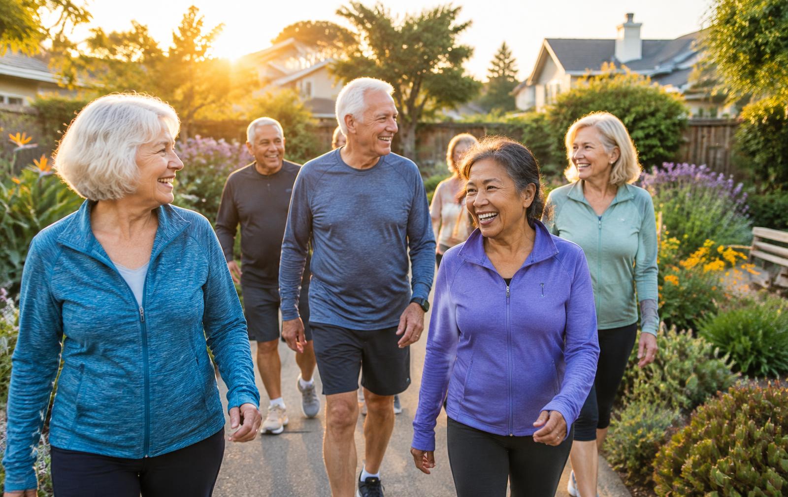 A group of smiling seniors walking together along a garden path at sunset